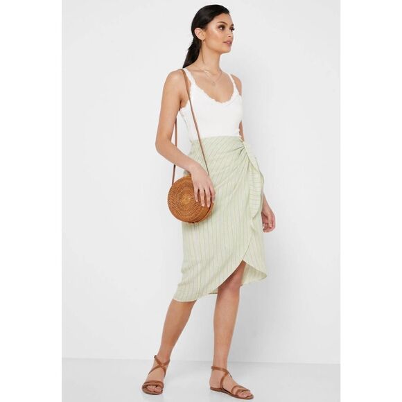 Mango Skirt Wrap Striped Linen Blend Beige New - Picture 6 of 8